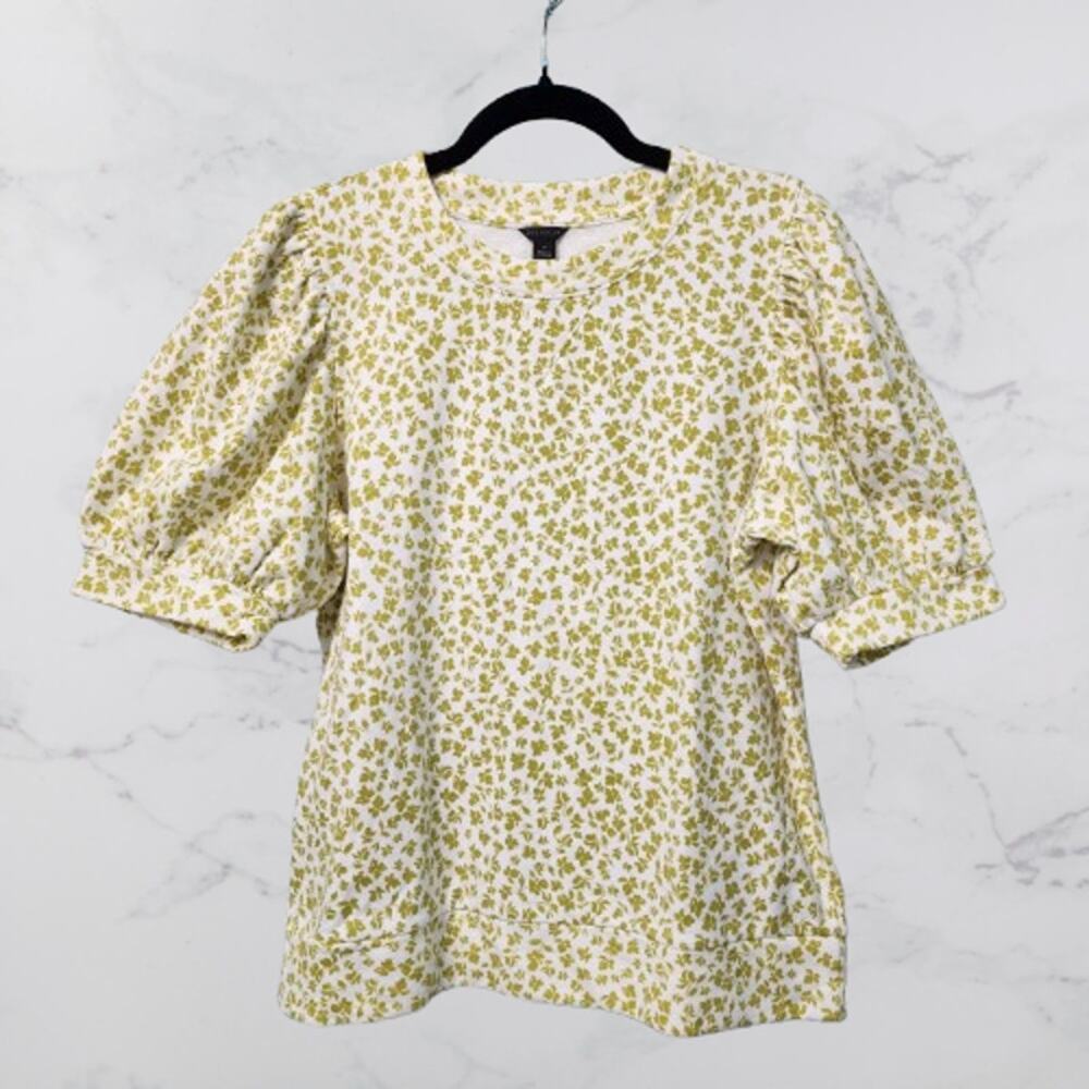 Ann Taylor Top Medium Puff Sleeves Green White Print TOP